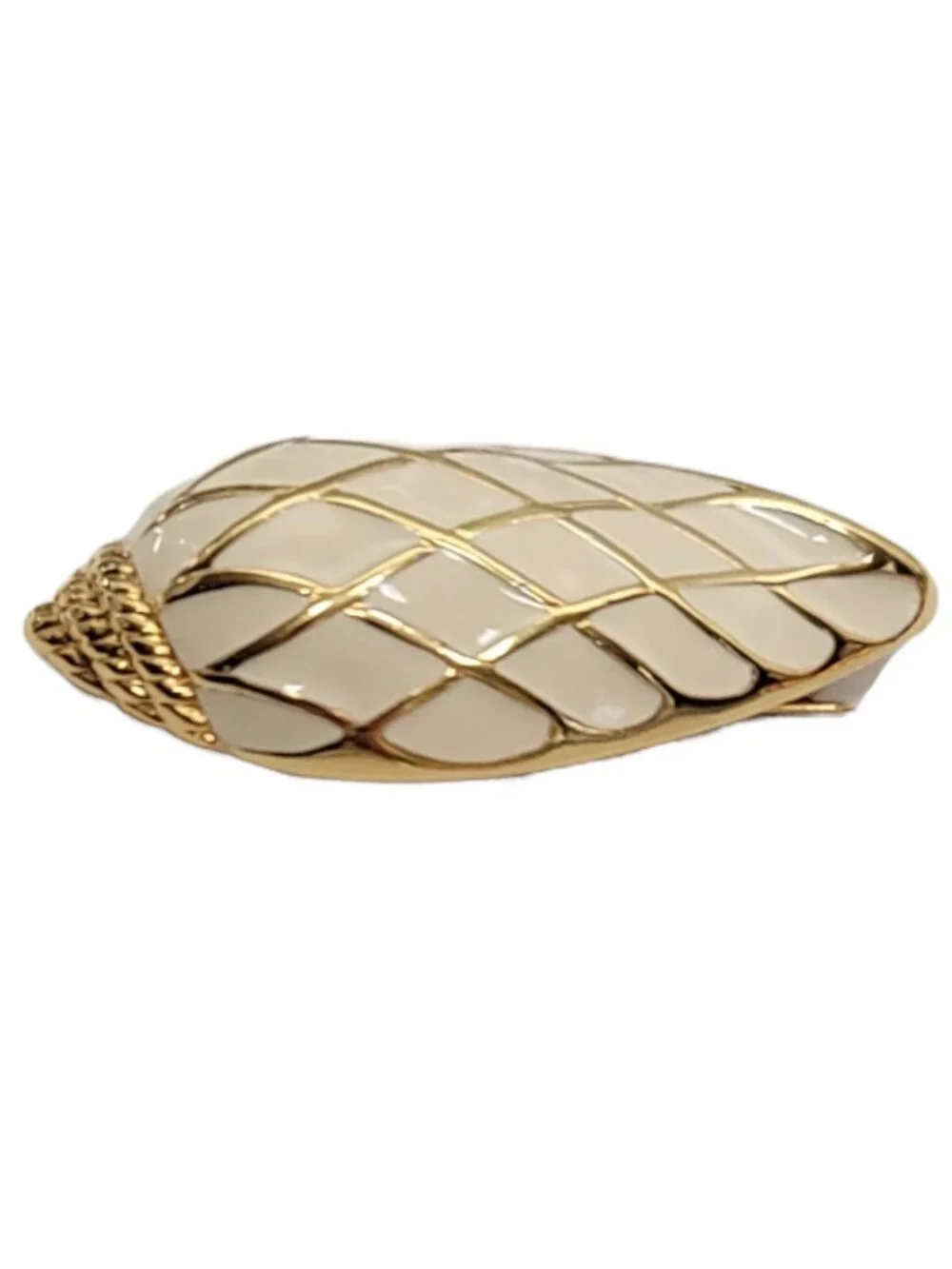 Trifari 1980s Cream And Gold Seashell Enamel Pin Brooch, Signed